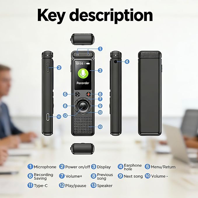 AI Voice Recorder, Transcribe & Summarize with AI, App Control, AI Note Taker for Meeting & Lecture, Support 152 Languages, Voice Activated Recorder with Playback, Black