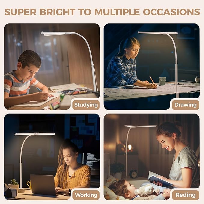 Voncerus LED Desk Lamp for Home Office, Double Head Architect Light with Clamp, Computer Monitor Clip on Light, 3 Modes and 10 Brightness, Adjustable Flexible Goose-Neck, Table Task Lamp, White