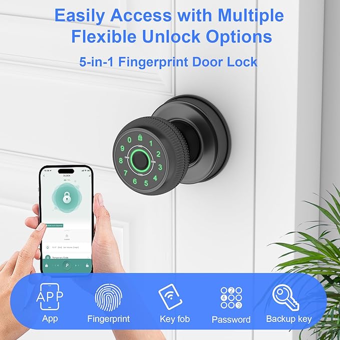 BIWIBON 5-in-1 Smart Door Knob, Fingerprint Door Knob with App Control, Smart Fingerprint Door Lock,Auto Lock, Ideal for Home, Bedroom, Office, Black