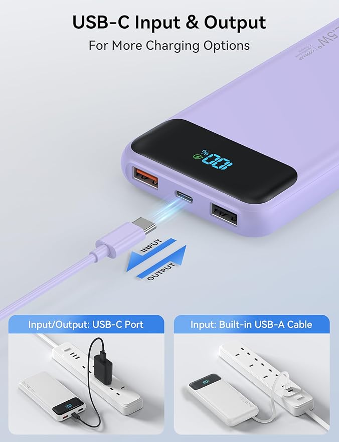 Portable Charger, 10000mAh 22.5W Fast Charging Power Bank with 4 Built-in Cables, Travel Essentials Battery Pack with LED Display, 6 Outputs Charging Bank Compatible with iPhone, iPad, Samsung Purple