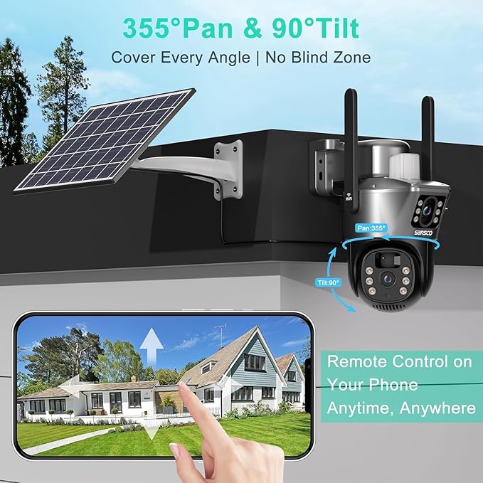 SANSCO 2K Dual Lens Solar Security Camera Wireless Outdoor, No Wires Needed, 2.4G & 5G WiFi, 360° PTZ Home Security Camera, Spotlight Color Night Vision, 2-Way Audio, PIR Motion Detection (4 Pack)