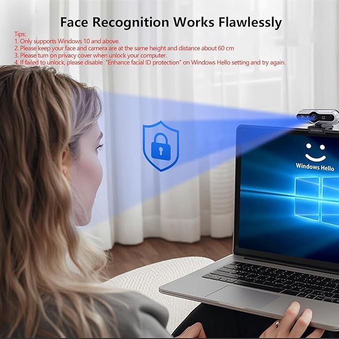 2K HD Webcam with Infrared Windows Hello Facial Recognition, Computer Camera, Privacy Cover, Noise Canceling Microphones, Laptop Webcam For Video Conferencing, Live, Streaming, Online Learning