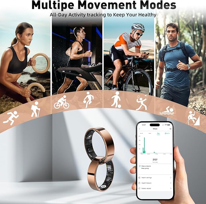 Smart Ring with Sleep Monitoring, Step Counting, Heart Rate, Blood Oxygen for iPhone and Android, No Subscription Fee, IP68 Waterproof Health Tracker (Rose Gold, 7)