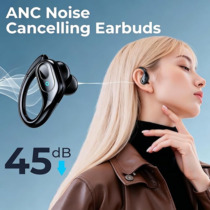 occiam Active Noise Cancelling Earbuds Wireless Bluetooth Headphones 90Hrs Playback Stereo Bass Earphones with Mic Over-Ear Hooks IPX7 Waterproof Headset for Work Sports Running Glossy Black