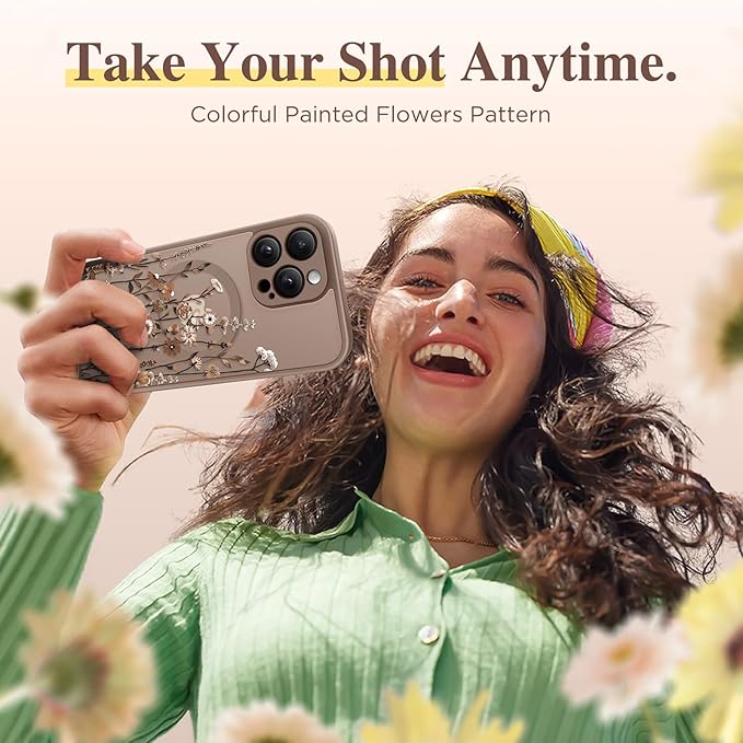 GVIEWIN for iPhone 15 Pro Case Compatible with MagSafe, [Military Grade Protection] [Screen Protector] Full Camera Protection Floral Translucent Women Magnetic Phone Case, Floratopia/Brown