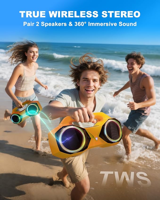 OZJ Bluetooth Speaker 80W(Peak) Loud with Bass, 20H Playtime, IPX7 Waterproof, RGB Lights, TWS, Large Portable Wireless Speakers for Outdoor, Home, Party, Pool, Beach, Tailgating, Gym, Work (Orange)