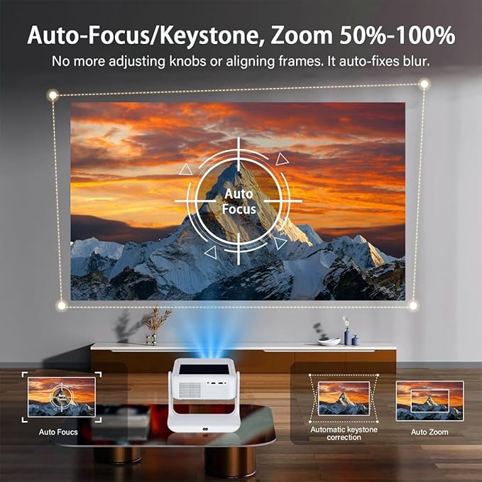 【Touch Screen/APP Store/800 ANSI/Auto Focus】Portable Projector, Full HD 4K Support Smart Video Projector, WiFi 6 Bluetooth for Home Theater/Gaming/Outdoor (180° Stand & 300 ''Display)