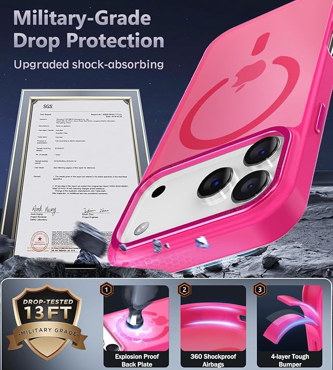 Newfuture Magnetic for iPhone 17 Pro Case [Compatible with Magsafe] [Military Grade Drop Protection] Translucent Matte Anti-Scratch Shockproof Protective Phone Cover 6.3 Inch, Hot Pink