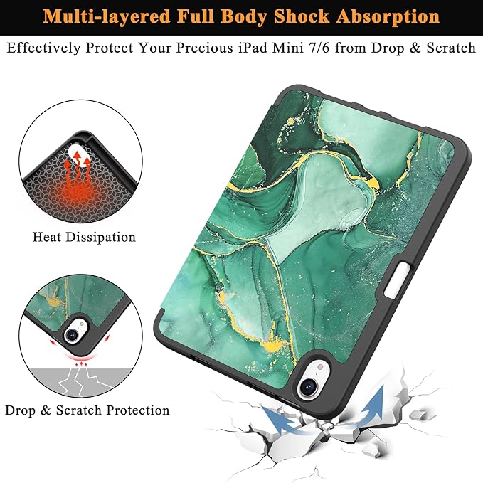Soke Case for iPad mini 7(A17 Pro) 2024/iPad Mini 6 2021 8.3 inch with Pencil Holder-[Pencil Charging + Auto Wake/Sleep], Soft TPU Back Cover for iPad mini 7th/6th Generation(Green Marble)