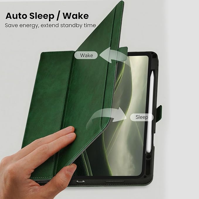 Handmade Case for iPad Pro 11 Inch (M5/M4) 2025/2024 with Pencil Holder Pocket,Magnetic Closure,Auto Sleep/Wake,Vegan Leather Folio Protective Cover,Multi Angles Stand,Green