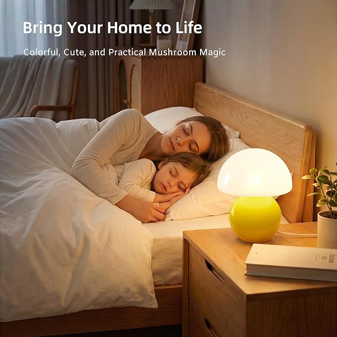 Dawnwake Mushroom Lamp Desk Lamp for Bedroom,Table Bedside Small Lamps for Living Room,Mushroom Decor Cute Mini Modern Mid Century Lamps for Night Stands,Aesthetic Home Living Room Decor(Yellow)