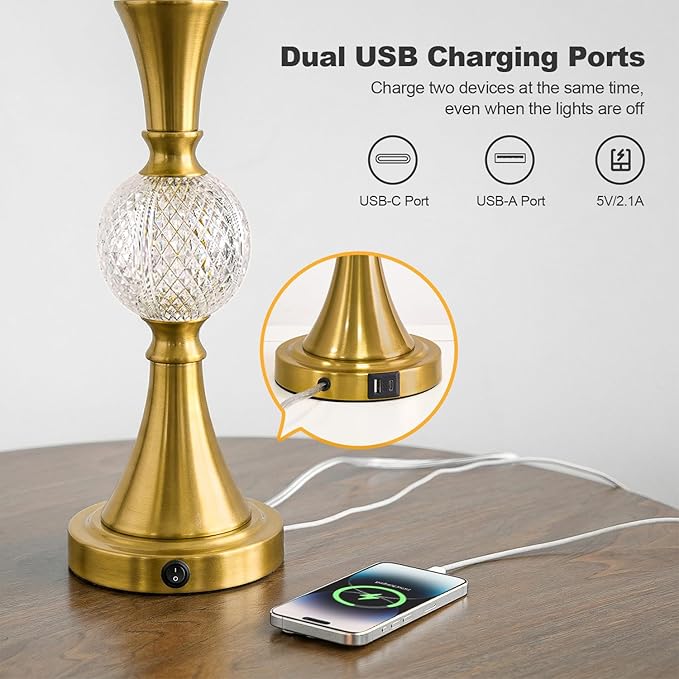 Oneach 28.5" Gold Table Lamps Set of 2, Tall Luxury Bedside Lamps with Night Light, USB A+C Charging Ports, Elegant Metal Nightstand Lamps for Bedroom Office End Table Decoration
