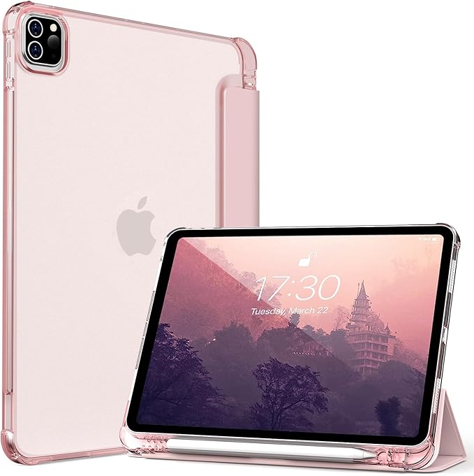 Kenke New iPad Pro 11 Inch Case 4th/3rd/2nd/1st Generation 2022/2021/2020/2018 with Built-in Left Side Pencil Holder, Hard Frosted Back Cover & Colored Edge (Pink)