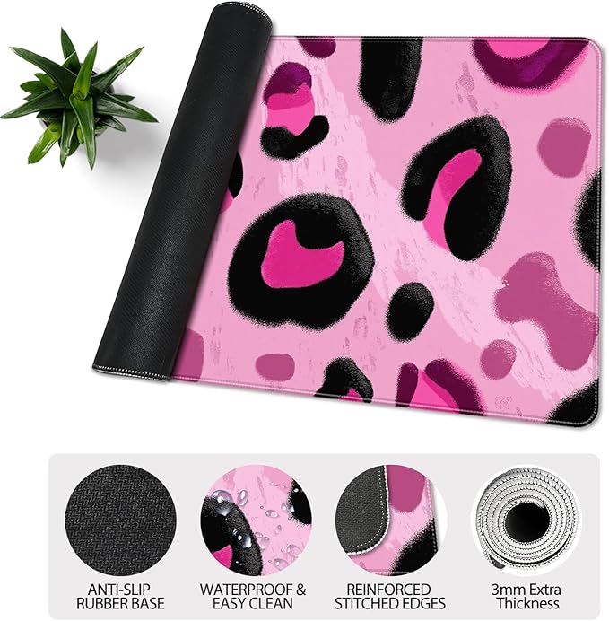 35.4 x 15.7 in, XXL Large Mouse Pad for Desk, Extended Keyboard Mouse Mat for Computer Office, Big Mouse pad with Stitched Edges, Gaming Pc-Pink and Black Leopard Print