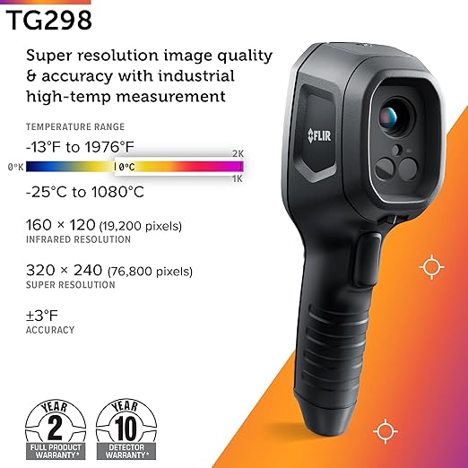 FLIR TG298 Thermal Imaging Camera with High Temperature Spot IR Super Resolution 320x240 (160x120 Native IR) and Bullseye Laser: Industrial Infrared Spot Camera for High-Temp Applications