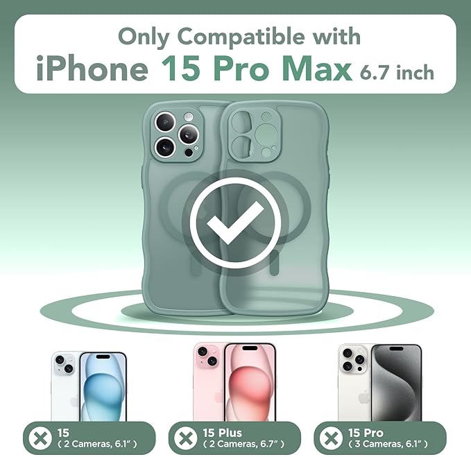 CAPRARO Cute for iPhone 15 Pro Max Case, Compatible with MagSafe, [Curly Wave Edge] [Full Camera Protection] [14 FT Drop Protection] Magnetic Phone Case for 15 Pro Max 6.7 Inch, Midnight Green