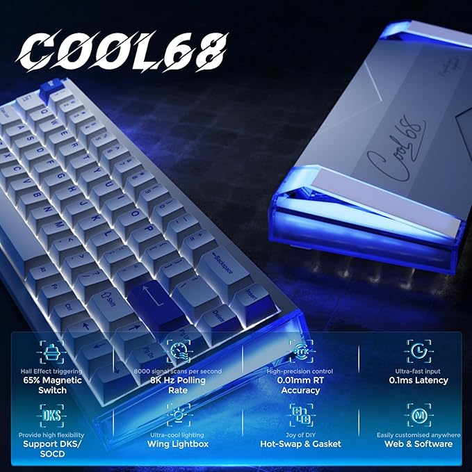 DAREU COOL68 60% Wired Gaming Keyboard, Rapid Trigger Magnetic Switch Keyboard with 8000Hz Polling Rate, Adjustable Actuation, 0.1ms Latency, SOCD, Gasket Mount, Hot swappable, RGB Light