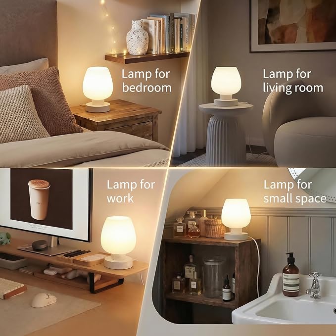 ONEWISH Small Bedside Lamp for Bedroom, 3-Way Dimmable Touch Control, 600 Lumen Bright Opal Glass Shade, 7.5 Inch Ultra Compact Nightstand Lamp, Warm White 2700K LED Bulb Included, Modern Design