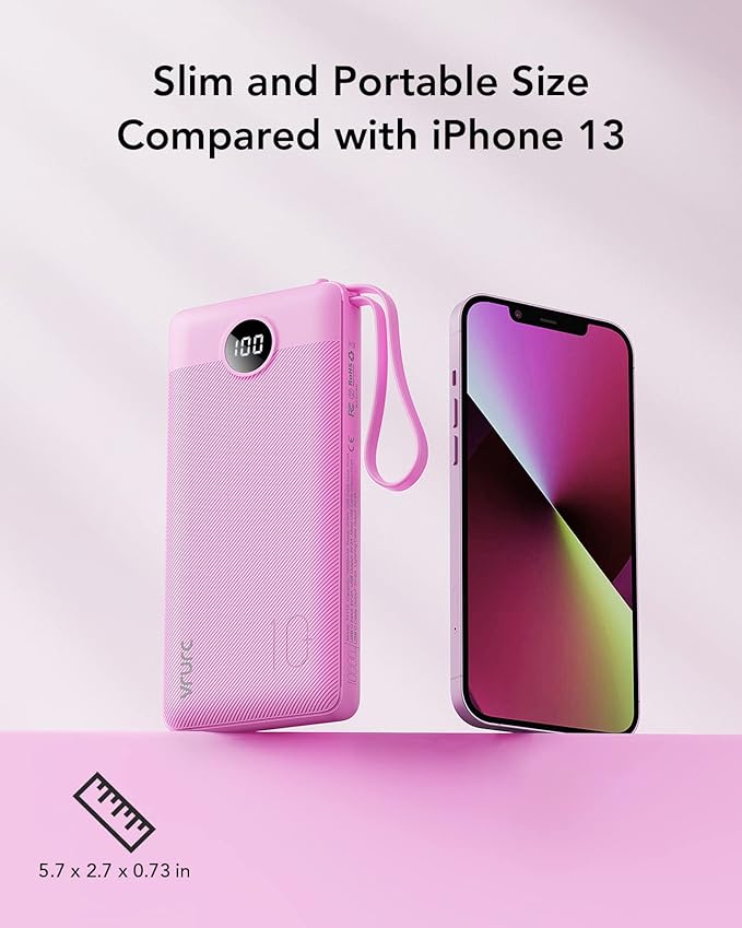VRURC Power Bank for iPhone, Compact Portable Charger Built in Cables, 10000mAh Flight-Safe Battery Pack,5 Output USB C External Phone Charger for iPhone 17 Pro 17 16 15 14 13,Samsung-Purple(1 Pack)