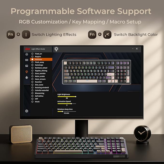 RK ROYAL KLUDGE R98 Pro Wireless Mechanical Keyboard, Creamy Bluetooth/2.4GHz/Wired RGB Gaming Keyboard with Number Pad and Knob, MDA Profile PBT Keycaps, Gasket Hot Swappable Linear Switch, Black