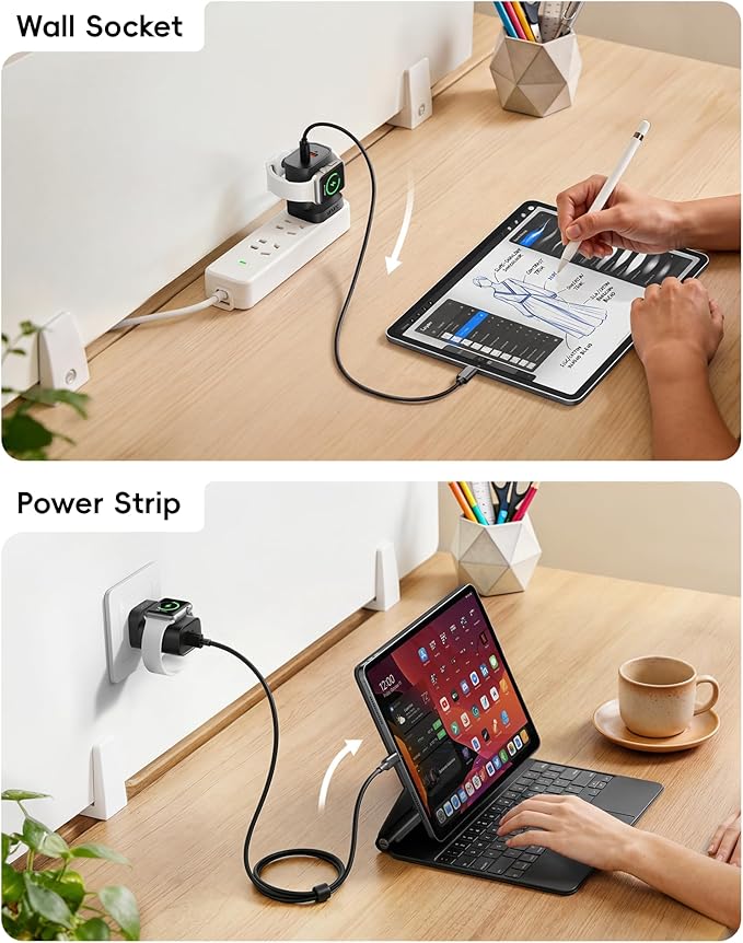 VRURC Fast Charger for iPhone, PD 20W USB C Wall Charger Dual Ports, 3-in-1 Foldable Charging Block Built in Magnetic Watch Charger Station for Apple Watch Ultra/10/9/8/7/6/5/4-Black