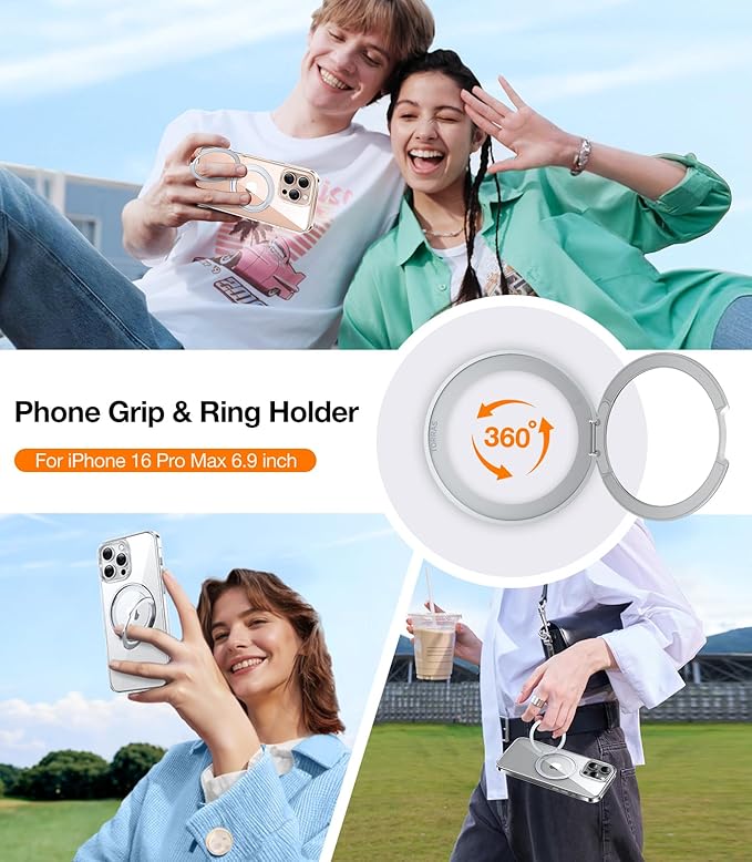 TORRAS Upgraded 360 Rotatable Magnetic Ring for iPhone 16 Pro Max Case, Fit for MagSafe with Stand Ring Holder, 16FT Mil- Grade Shockproof Translucent for iPhone 16 Pro Max Phone Case Ostand, Clear