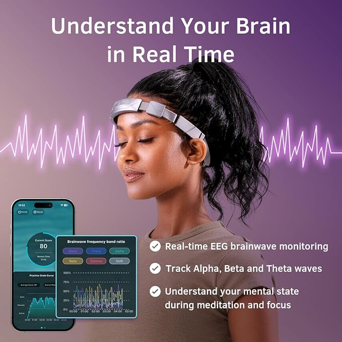EEG Neurofeedback Headband for Meditation & Brainwave Monitoring, Real-Time Brain Activity Tracker with App, Train Focus, Relaxation & Sleep Preparation