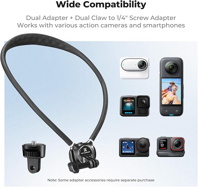 K&F CONCEPT Neck Mount with Air Cushion, Camera Holder with 1/4" Adapter Hands-Free POV Vlogging for GoPro Hero 13/12/11/10/9/8/7/6/5/4/MAX, Insta 360 X5/X4/Ace Pro 2, DJI Osmo Nano Action 6/3/4/5 Pro