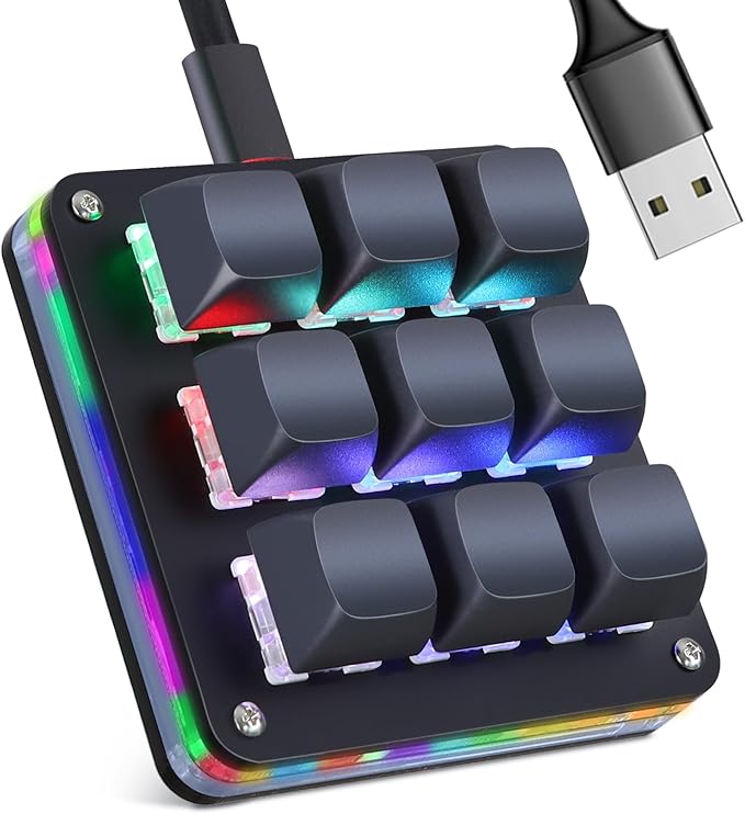 Koolertron Macro Programmable Keypad, One Handed Programmable Mechanical Keyboard, RGB Blue Switch Hot Swappable, 9 Keys Backlit Keypad for Working and Gaming, Black