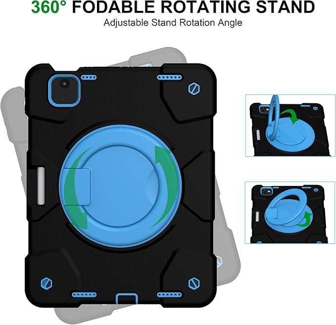 Andnary Case for iPad Air 11 inch Case M4/M3/M2 (2026/2025/2024), Heavy Duty Shockproof Cover with Screen Protector, 360° Rotating Stand, Pencil Holder, Shoulder Strap (Black+Blue)