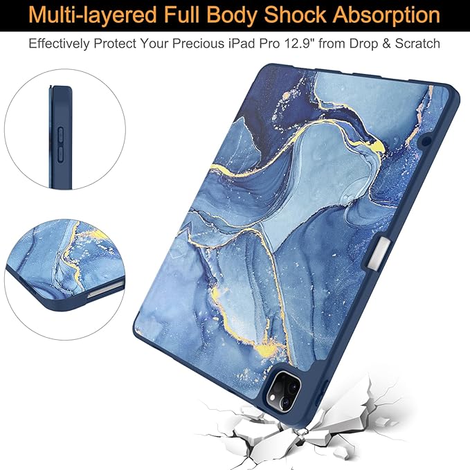 Soke Case for iPad Air 13 Inch (M4/M3/M2,2026-2024), iPad Pro 12.9" 6th/5th Generation with Pencil Holder(2021 2022 Release)-[Apple Pencil Charging + Auto Wake/Sleep] Soft Back Cover, Navy Marble