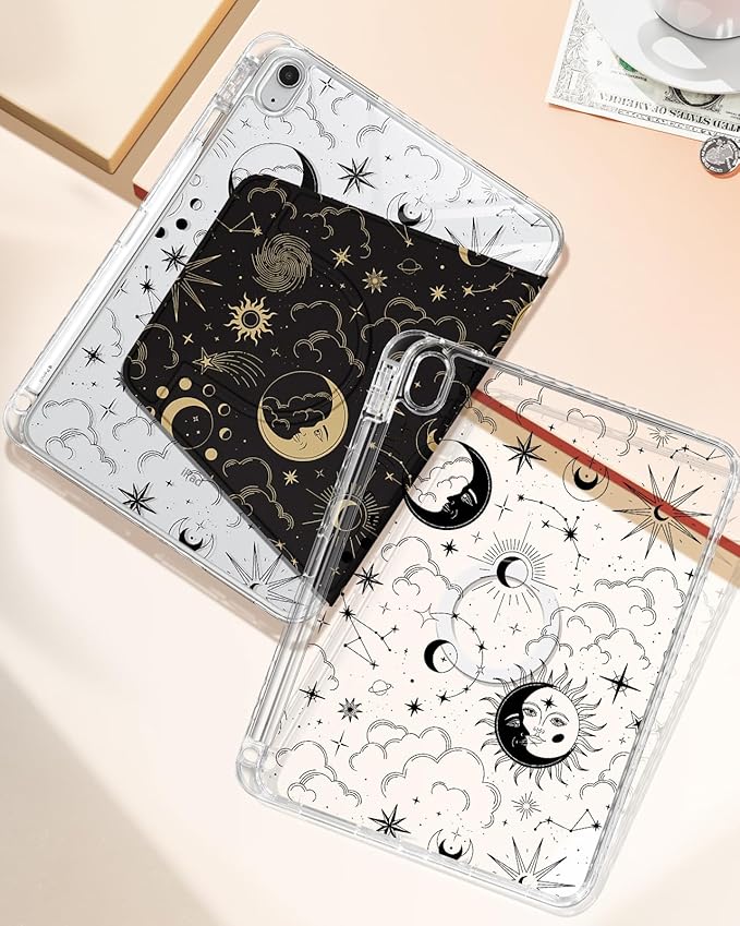 Shorogyt for iPad A16 11th Generation 11 inch 2025 /for i Pad 10th Generation case Magnetic Stand for Women - Cute Design 360 Degree Rotating Covers Girls Aesthetic with Pencil Holder,Sun Moon