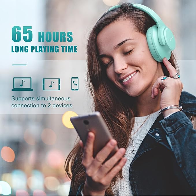 KVIDIO Bluetooth Headphones Over Ear, 65 Hours Playtime Wireless Headphones with Microphone, Foldable Lightweight Headset with Deep Bass, HiFi Stereo Sound Low Latency for Travel Work Cellphone
