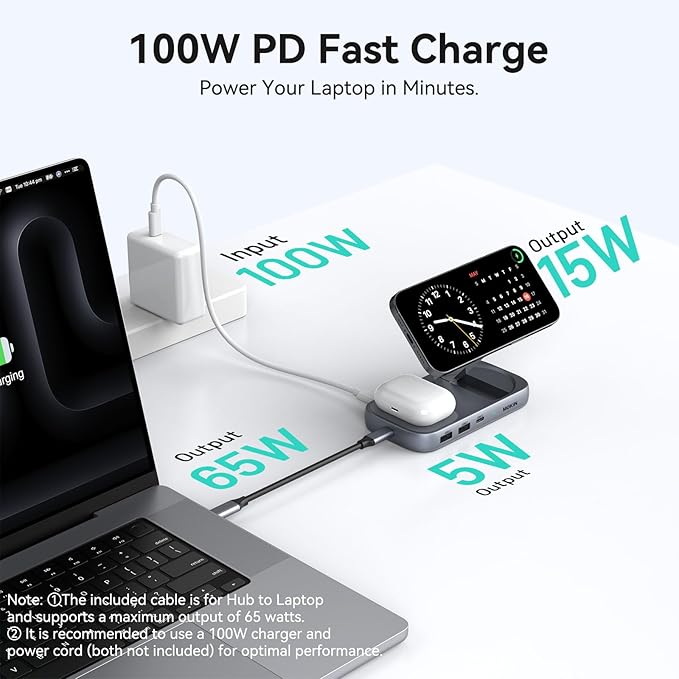 MOKiN USB C Hub with 15W Qi2 Wireless Charger, Laptop Docking Station to 4K HDMI, 100W PD, 10Gbps Ports, 15W+5W Wireless Charging Stand for iPhone 16/15/14/13 & Airpods, USBC Dock for MacBook/Windows