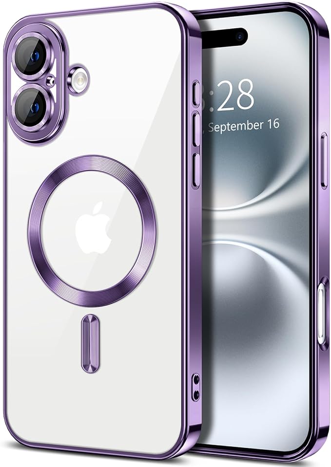 Hython Magnetic Clear for iPhone 16 Case with Camera Lens Protector [Compatible with MagSafe] Luxury Plating Edge Slim Soft TPU Cover Protective Phone Case for iPhone 16 6.1", Deep Purple