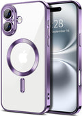 Hython Magnetic Clear for iPhone 16 Case with Camera Lens Protector [Compatible with MagSafe] Luxury Plating Edge Slim Soft TPU Cover Protective Phone Case for iPhone 16 6.1", Deep Purple