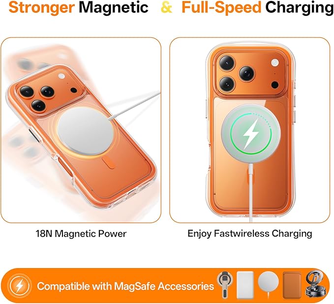 3-in-1 Air for Heavy Duty iPhone 17 Pro Max Case with Screen Protector & Camera Lens Protector,[Fits MagSafe][Military-Grade Protection] [Built-in Airbag] Shockproof Case for 17 Pro Max(Clear-Orange)