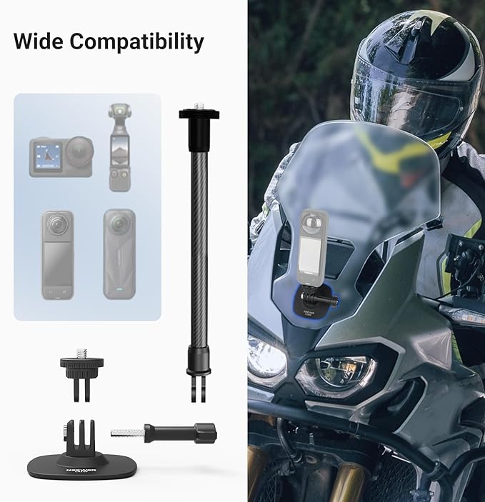 NEEWER Flexible Helmet Mount with Extension Pole Compatible with Insta 360 GoPro DJI, Adhesive Action Camera Holder Base Adapter for POV Video Recording Live Streaming, for 1/4" Accessories, AC060