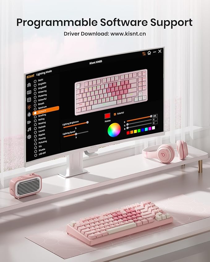 Kisnt KN85 Wireless Mechanical Gaming Keyboard, 75% Layout with RGB Backlit, Custom Hot Swappable, Creamy Sound, Bluetooth/2.4GHz/USB-C Compatible with Windows/Mac/PC (Rose Pink, Linear Switch)