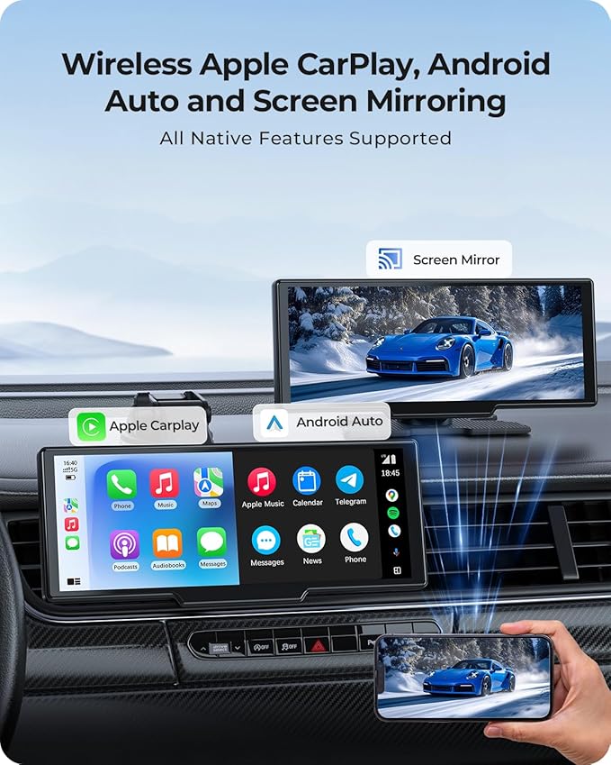 9.26" Carplay Screen with 4K Dash Cam & HD Backup Camera, Wireless Portable Car Play Screen for Apple CarPlay & Android Auto, OTA, Bluetooth 5.0, Mirror Link, Voice Control, GPS Navigation, FM