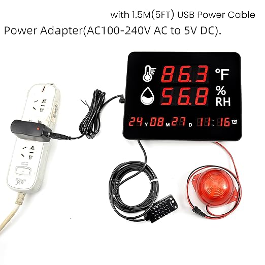 Large Display Thermometer Big Temperature Warning Light – Max Min to Monitor High and Low Temperature Humidity Sensor Alarm Alert, Thermometer Hygrometer Warning with Time & Date