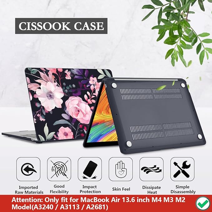 CISSOOK Compatible with MacBook Air 13.6 inch Case 2026 2025 2024 2022 Release A3449 A3240 A3113 A2681, Flower Plastic Hard Shell Case Black Cover for MacBook Air 13 inch M2 M3 M4 M5 - Pink Flowers