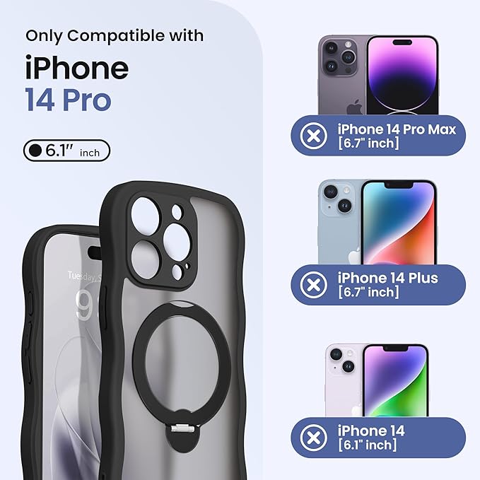 CAPRARO for iPhone 14 Pro Case with 360° Spin Magnetic Stand for Women, [Compatible with MagSafe] [Full Camera Protection] Cute Wave Translucent Matte Case for iPhone 14 Pro,Black