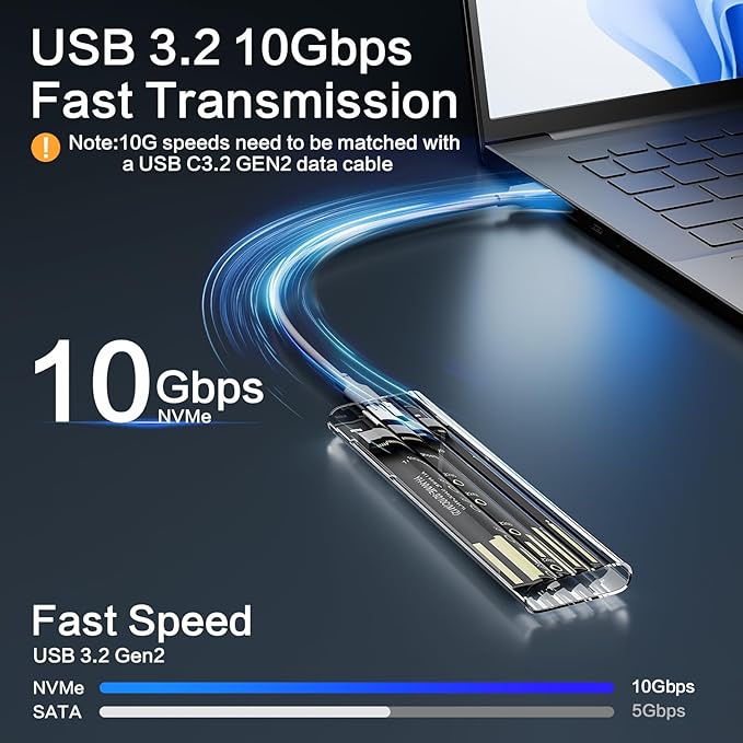 M.2 NVMe SSD Enclosure, High-Speed to USB Enclosure with USB 3.2 Gen 2 10Gbps, Compatibility for NVMe SSD M-Key/(B+M) Key, for 2230/2242/2260/2280 SSDs with C-C to A Cable