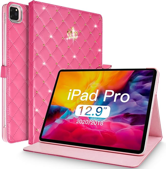 Changjia for iPad Pro 12.9 Inch Case 6th/5th/4th/3rd Generation (2022/2021/2020/2018),Crown Diamond Bling Cute PU Leather Smart Auto Sleep/Wake Stand Shockproof Protective Case for iPad 12.9",Rose Red