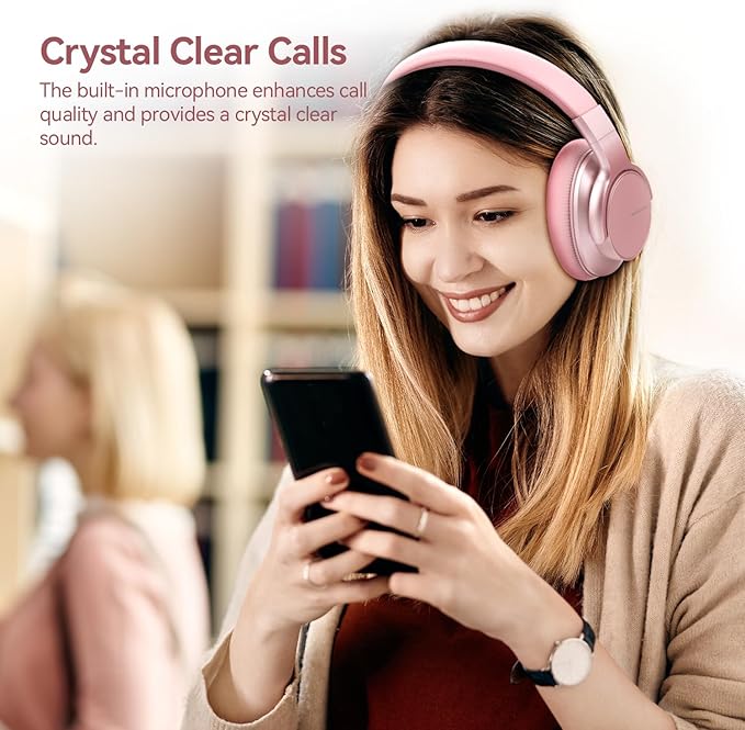 AUSDOM E7 Bluetooth Active Noise Cancelling Headphones, Wireless Over Ear ANC with Microphone, Hi-Fi Stereo Sound, 50H Playtime, Comfortable Earpads for Travel Work TV Phones, Rose Gold