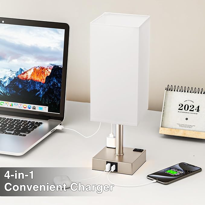 Antique White Touch Table Lamp - Mochaca Gold Bedside Lamp with USB A + Type C Charging Ports and two AC Outlets, Small Night Stand with E26 LED Bulb, Desk Light for Bedroom Living Room Office Dorm