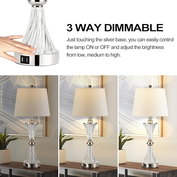 Hamucd Touch Control Table Lamp for Bedrooms 3 Way Dimmable White Drum Shade Modern Bedsides Nightstand lamp Set of 2 with 2 USB Charging Port(Bulbs Included)
