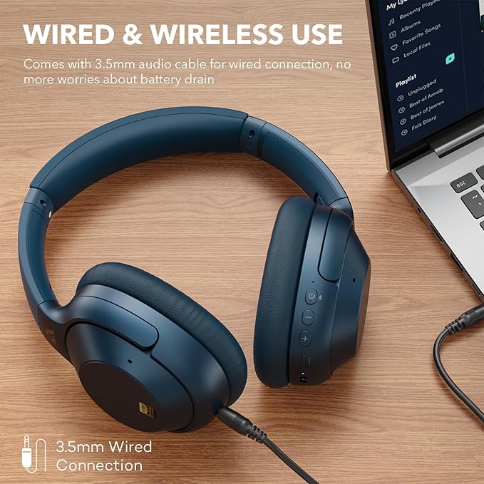 Bluetooth 6.0 Active Noise Cancelling Headphones for Airplane Travel, LDAC Hi-Res Audio, 90H Playtime Wired and Wireless Headphones, Over Ear ANC Headset for Home Office, Custom EQ via APP, Blue