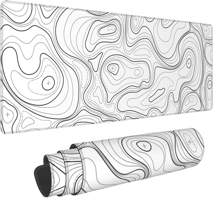 White Topographic Contour XL Gaming Mouse Pad Extended Long Large Mousepad with Stitched Edges Laptop Desk Pad Computer Keyboard PC Mouse Mat Nonslip Rubber Base for Company Office Gamer